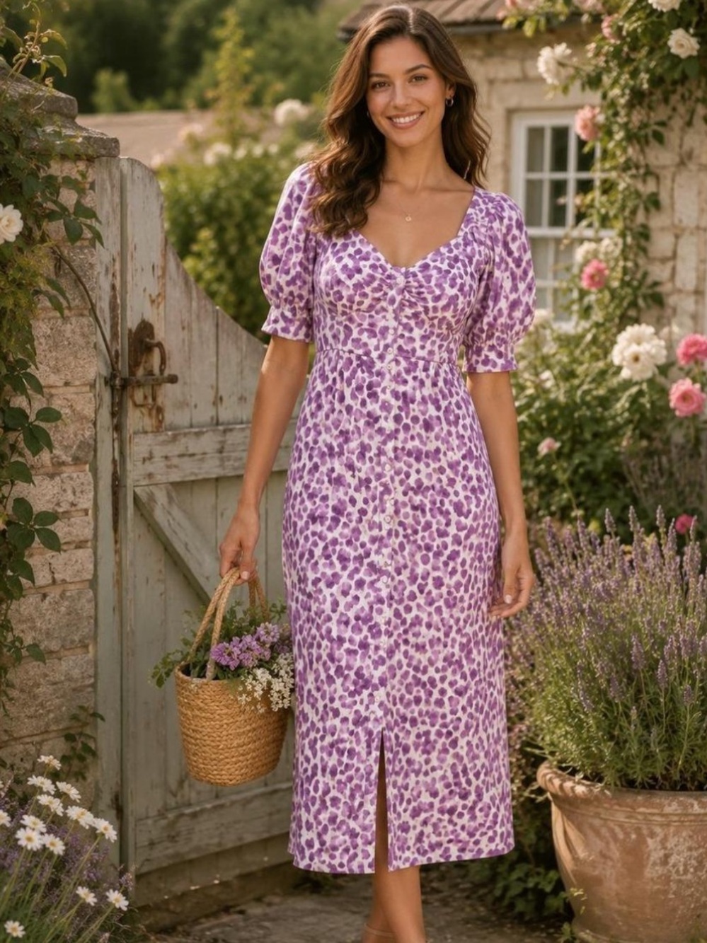 Who What Wear Purple Floral Puff-Sleeve Midi Dress